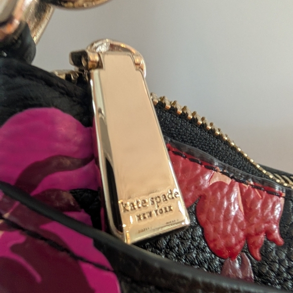 Kate Spade Pebbled Leather Black, Pink & Red Floral Shoulder Bag Poppy Flowers - Picture 4 of 10